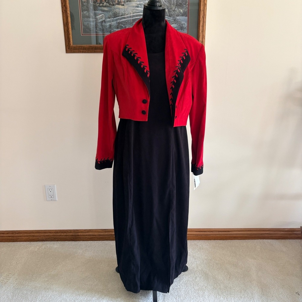 R&K Co. 2 Piece Dress Set Womens 16 Red Cropped Jacket Black Maxi Dress Formal